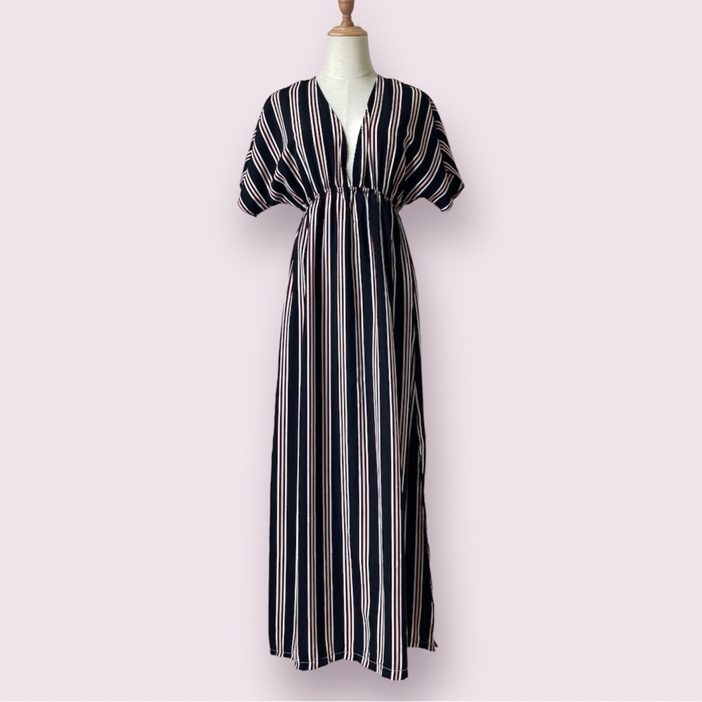 BIN#4 - BLUES AND GREYS Women’s V-Neck Stripes Maxi Dress S
